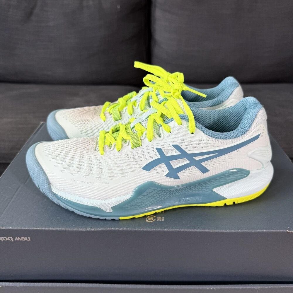 Asics Gel-Resolution 9 Sea Gris White Green Tennis Shoes Women's Size 8 Wide